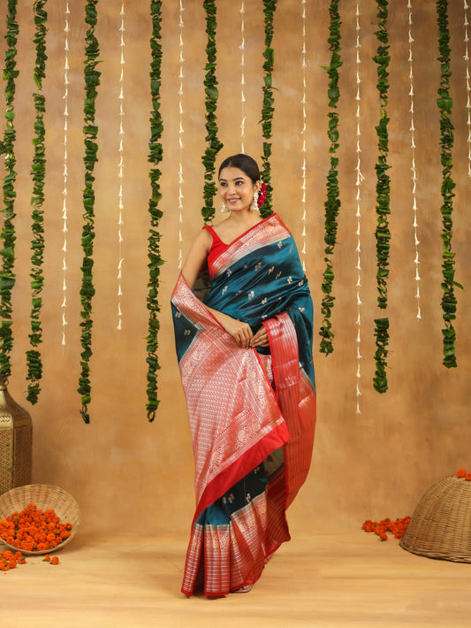 Handwoven royal teal Banarasi raw mango silk saree with crimson zari