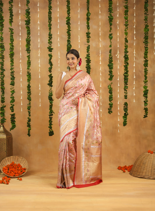 Pink Banarasi Rapier Silk Saree with Floral Zari Work