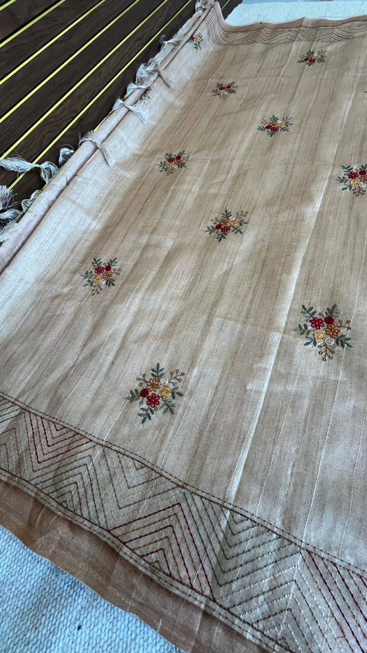 Tussar Saree with Thread Embroidery- Beige