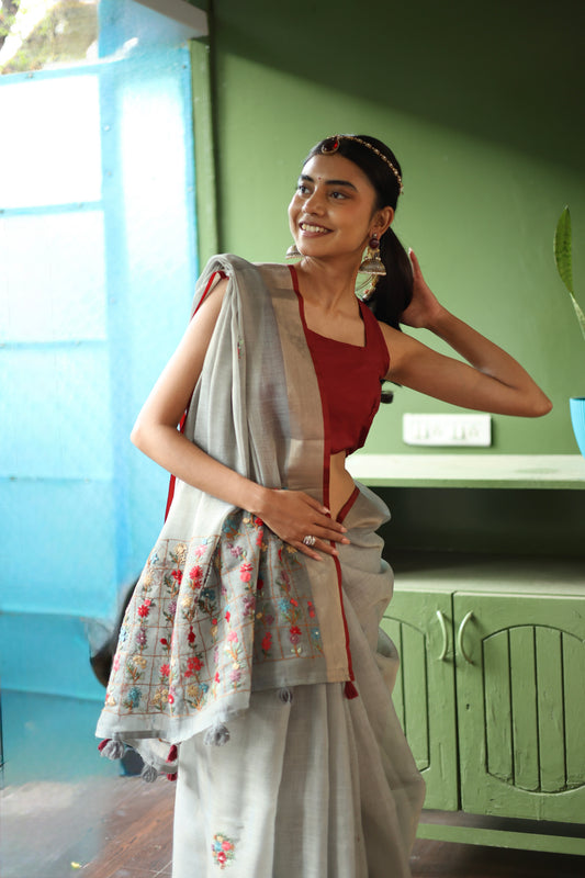 Premium Tissue Linen Saree with Hand Embroidery- grey