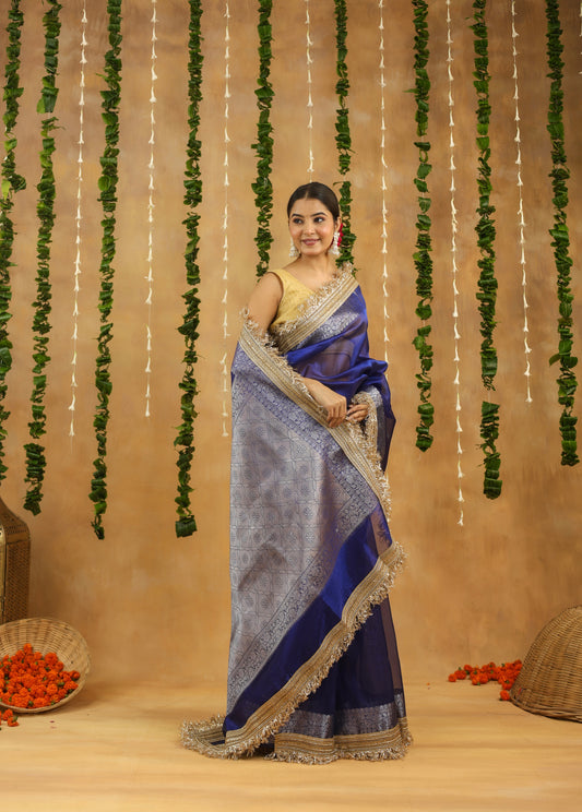 Royal Blue Banarasi Tissue Saree with Silver Zari & Gota Patti Work