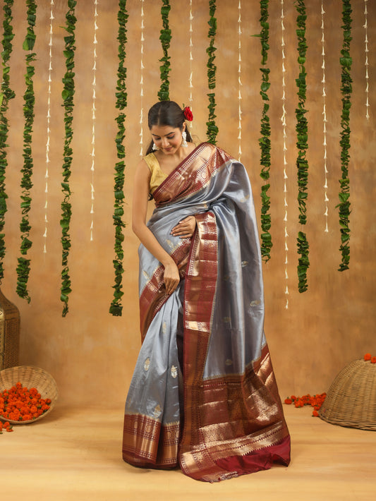Handwoven Antique Grey Banarasi Raw Mango Silk saree with Antique Wine Zari