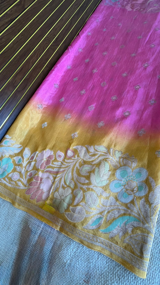 Pink & Sunshine Yellow Ombré Mashru Silk Banarasi Saree