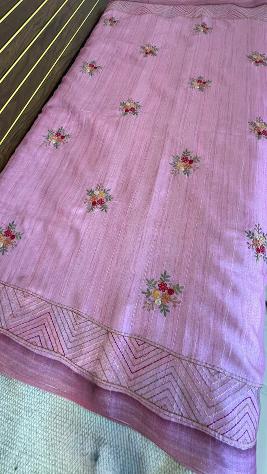 Tussar Saree with Thread Embroidery- Pink