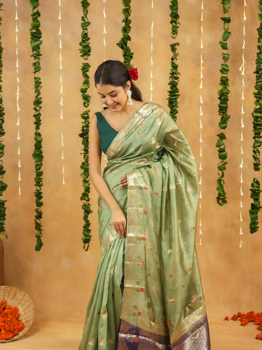 Pastel Green Pure Dupion Silk Saree with Contrasting Silver Zari Border