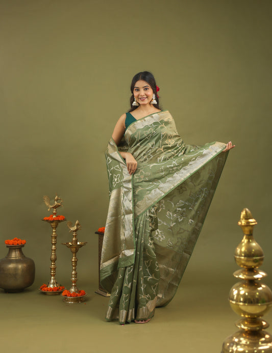 Sage Green Pure Tussar Silk Saree with Silver Floral Zari Motifs & Border