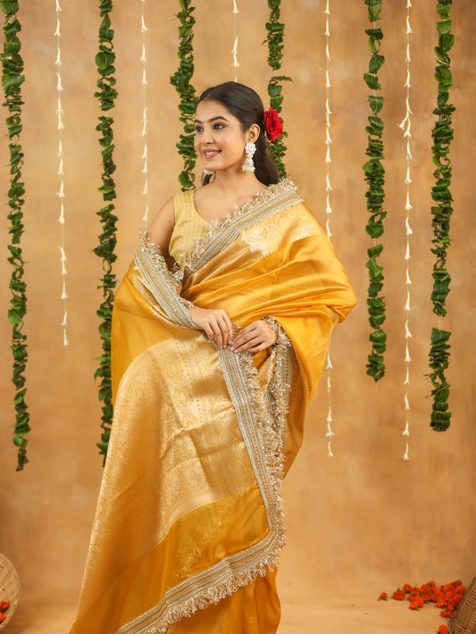 Yellow Banarasi Tissue Silk Saree with Gota Patti Work