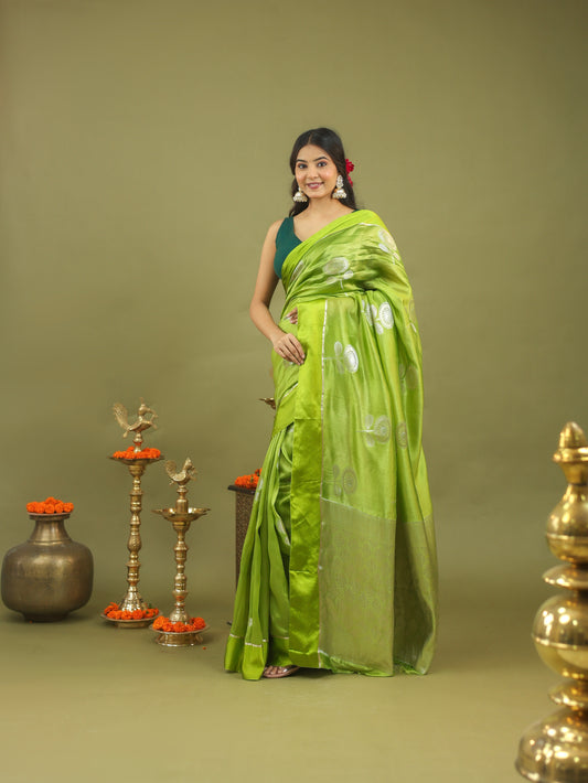 Lime Green Pure Viscose Silk Saree with Subtle Zari Motifs and Border