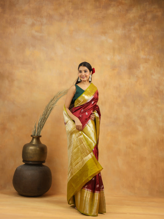 Handwoven Maroon Banarasi Raw Silk Saree with Antique Gold Zari Border