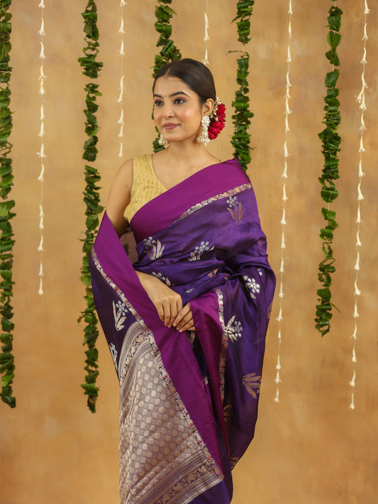 Royal Purple Pure Viscose Silk Saree with Silver Zari Motifs