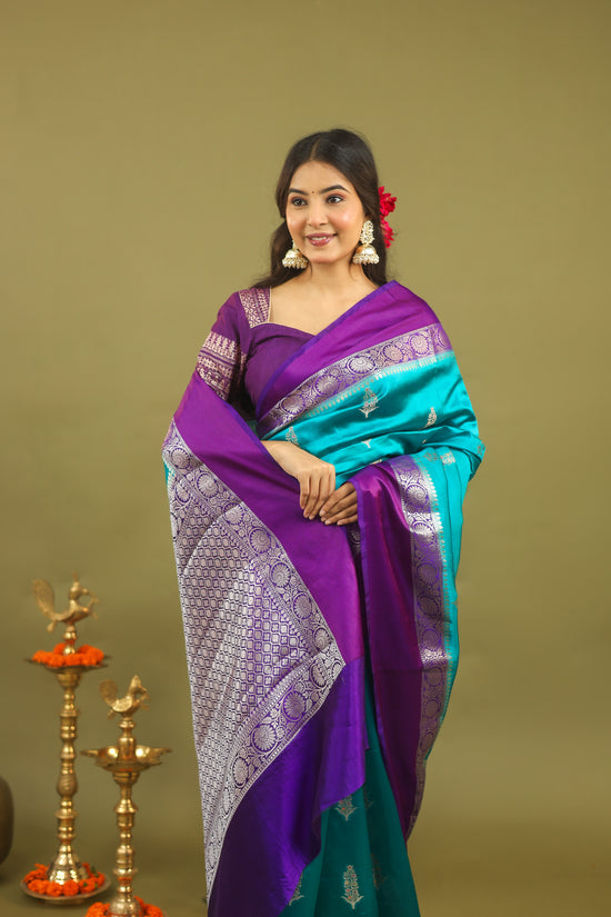 Regal Banarasi Raw Silk Saree in Teal Blue with Royal Purple Border & Silver Zari