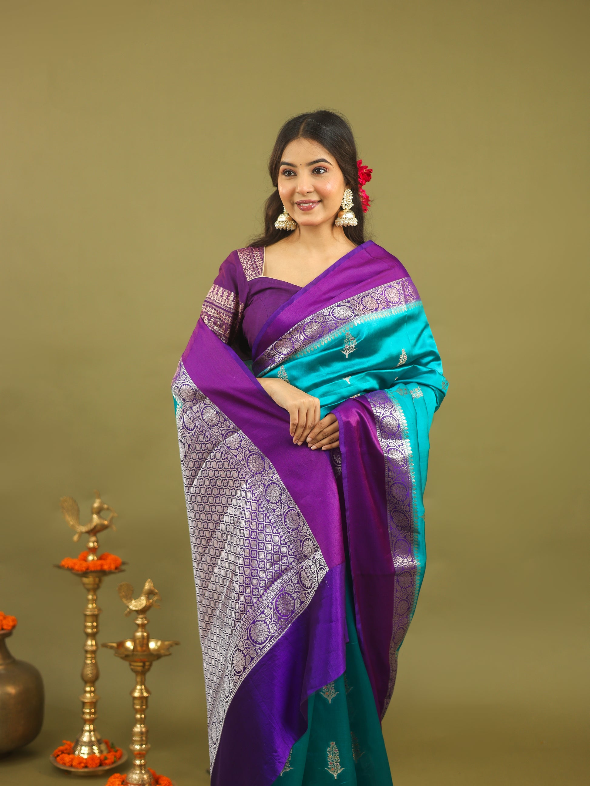 Regal Banarasi Raw Silk Saree in Teal Blue with Royal Purple Border & Silver Zari