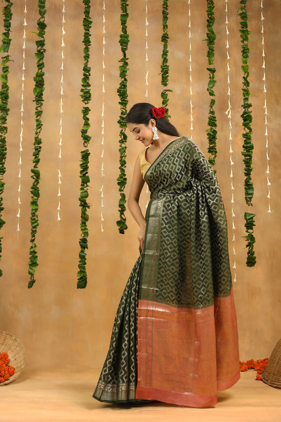 Green-Gold Geometric Pure Tussar Silk Saree with Zari Border