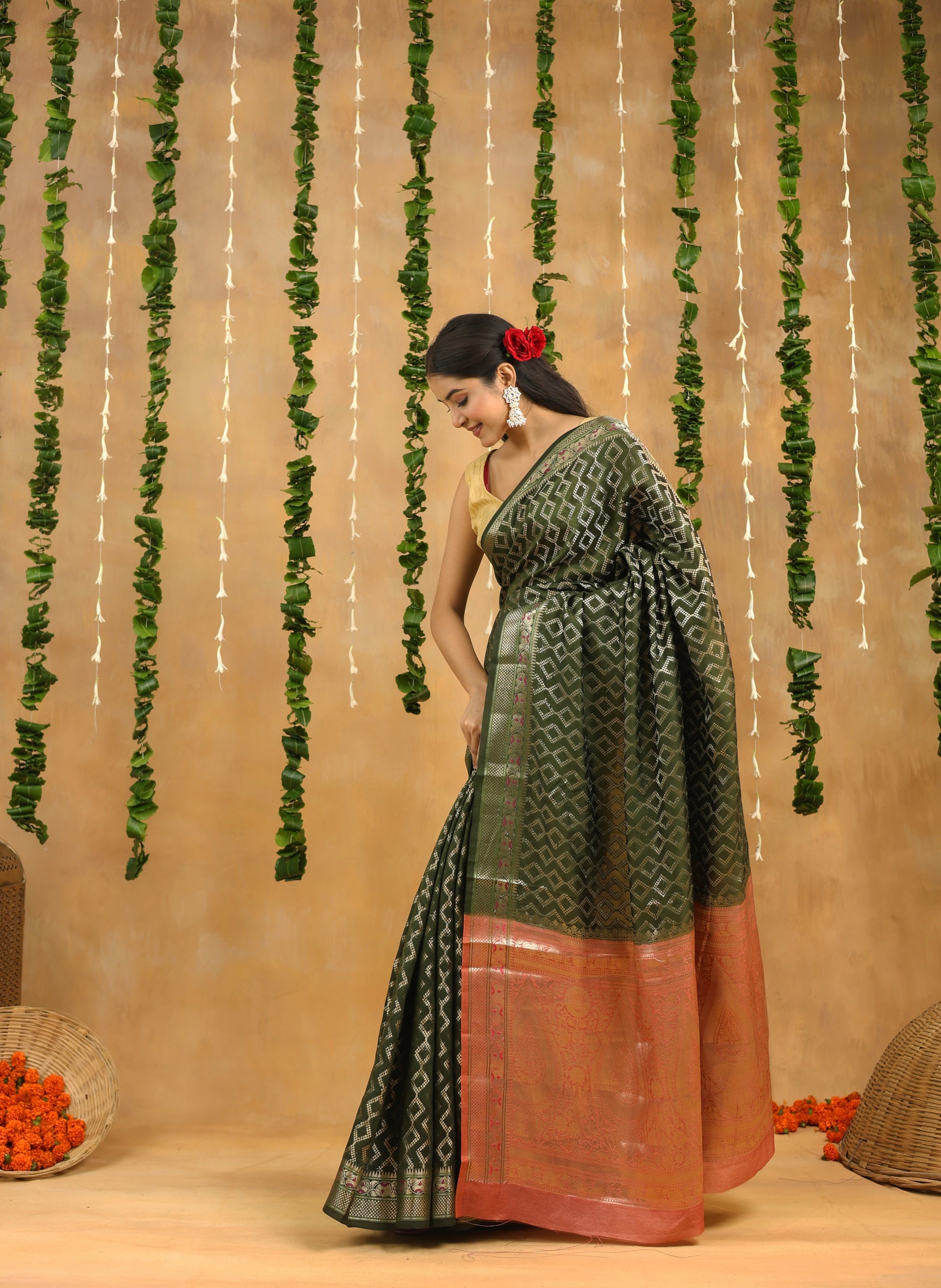 Green-Gold Geometric Pure Tussar Silk Saree with Zari Border
