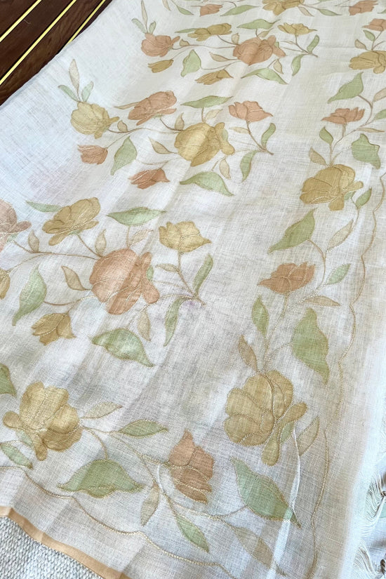 Tissue Linen Saree with Hand-Painted Florals & Delicate Aari Work- white/yellow