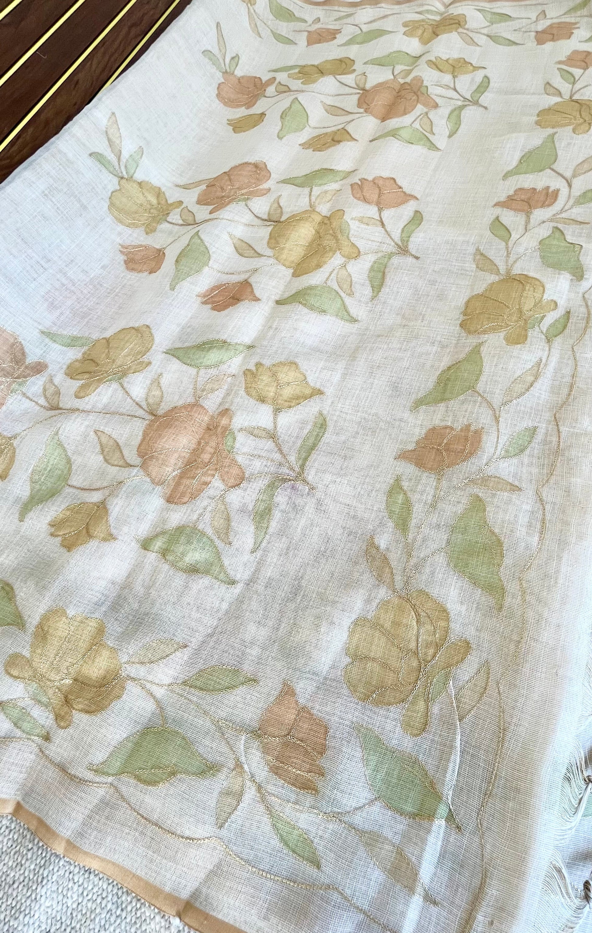 Tissue Linen Saree with Hand-Painted Florals & Delicate Aari Work- white/yellow