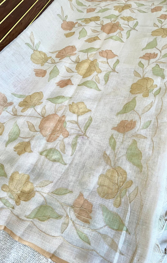 Tissue Linen Saree with Hand-Painted Florals & Delicate Aari Work- white/yellow