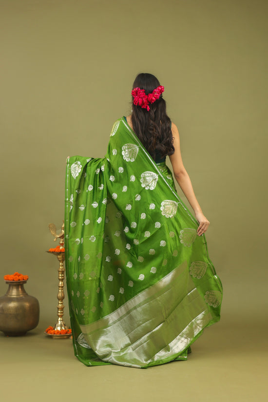 Parrot Green Pure Tussar Silk Saree with Silver Zari Buta & Rich Pallu