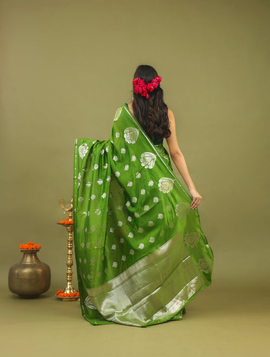 Parrot Green Pure Tussar Silk Saree with Silver Zari Buta & Rich Pallu