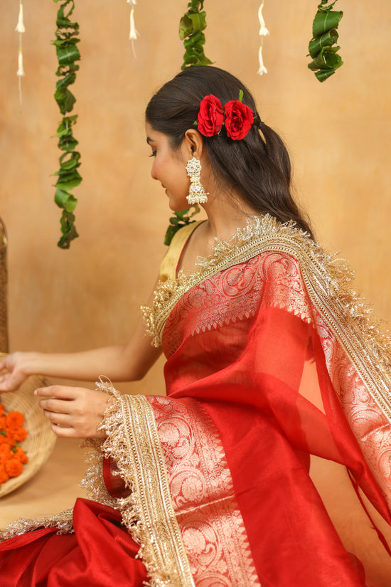 Radiant Red Banarasi Tissue Silk Saree with Intricate Gota Patti Work