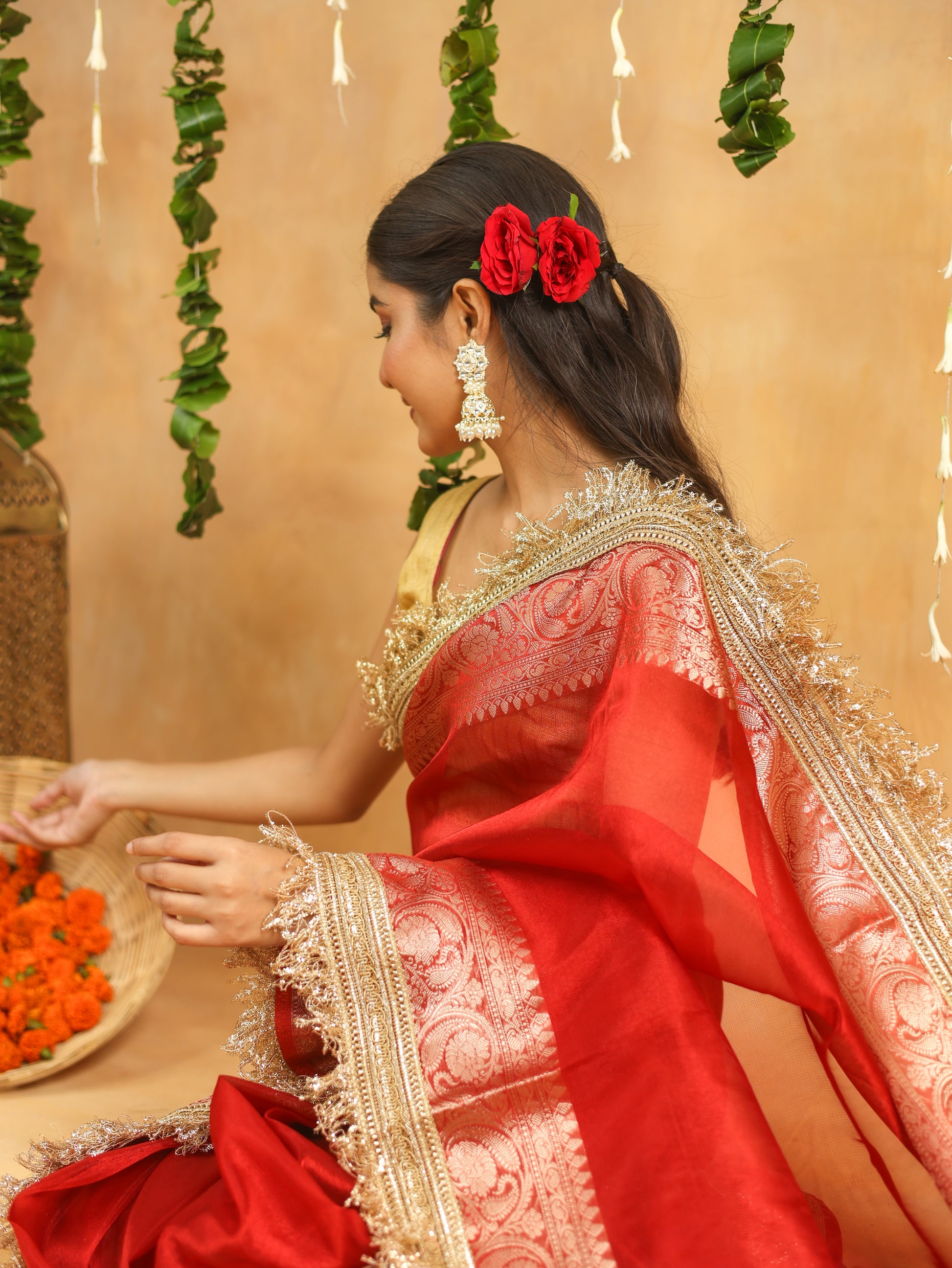 Radiant Red Banarasi Tissue Silk Saree with Intricate Gota Patti Work