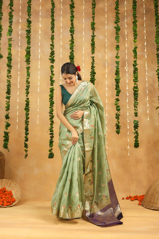 Pastel Green Pure Dupion Silk Saree with Contrasting Silver Zari Border