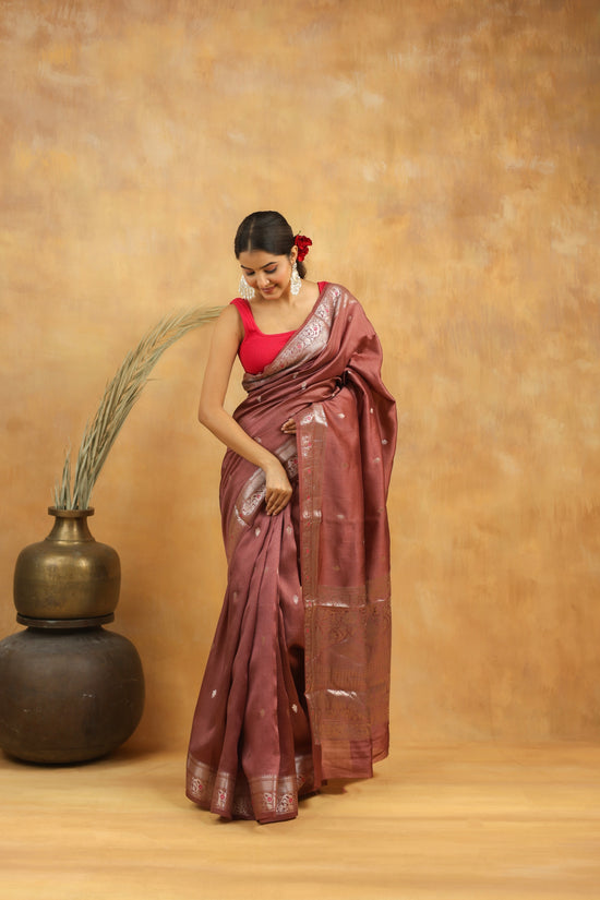 Wine Brown Pure Tussar Silk Saree with Silver Zari Border