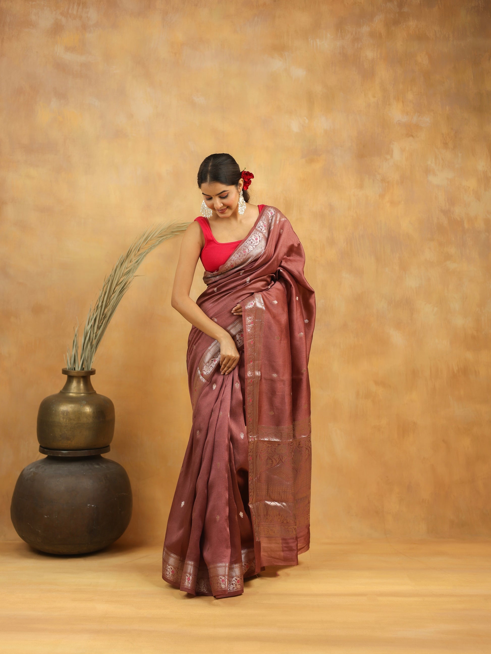 Wine Brown Pure Tussar Silk Saree with Silver Zari Border