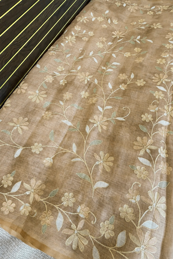 Tissue Linen Saree with Painted Florals & Delicate Aari Work- Golden Beige