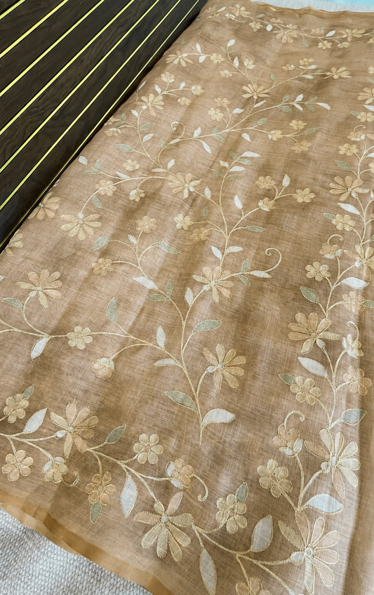 Tissue Linen Saree with Painted Florals & Delicate Aari Work- Golden Beige