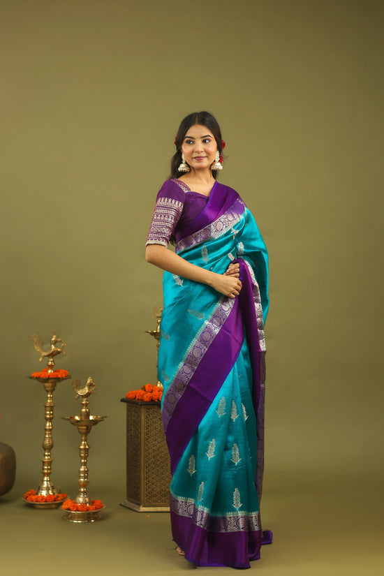 Regal Banarasi Raw Silk Saree in Teal Blue with Royal Purple Border & Silver Zari