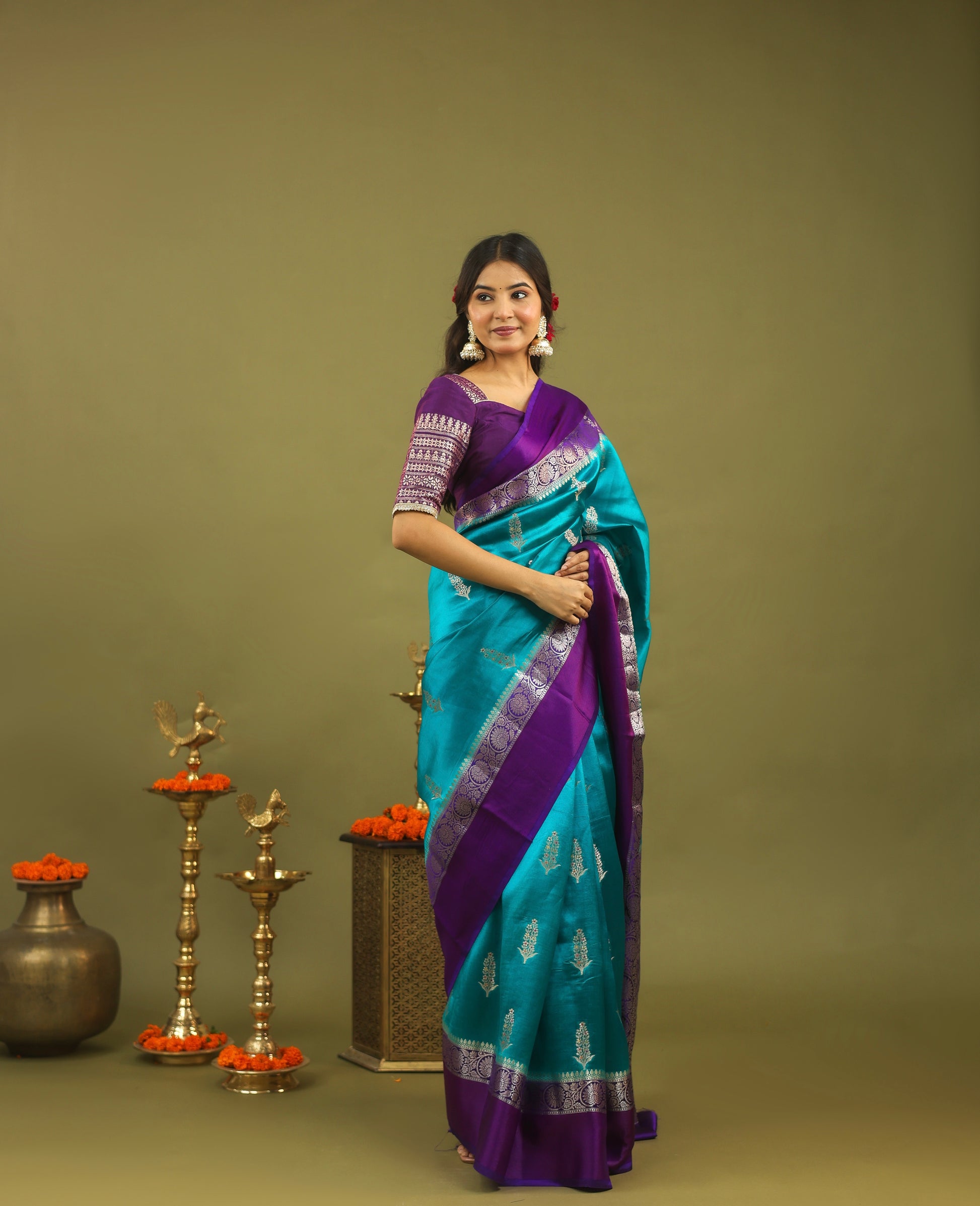 Regal Banarasi Raw Silk Saree in Teal Blue with Royal Purple Border & Silver Zari