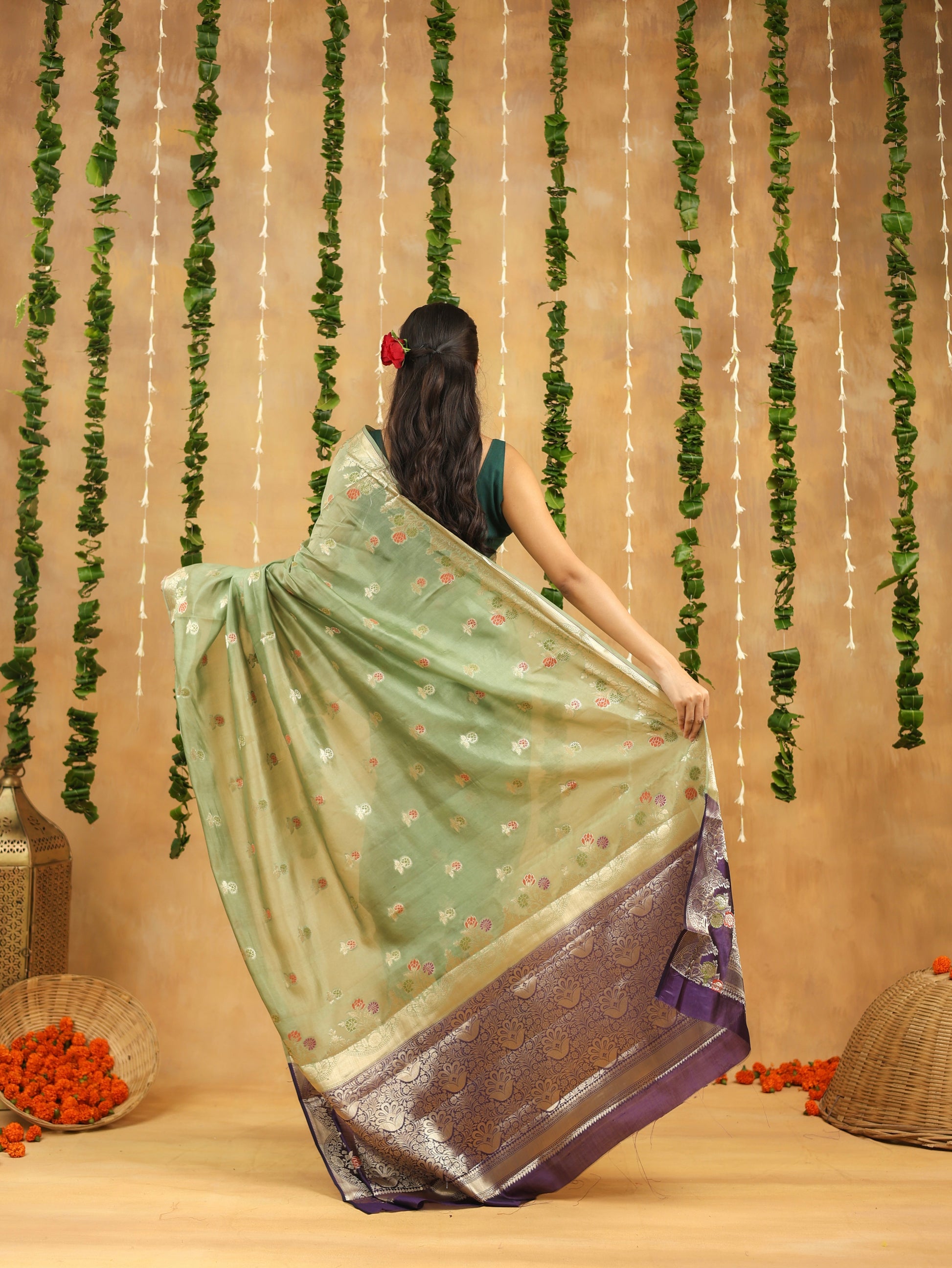 Pastel Green Pure Dupion Silk Saree with Contrasting Silver Zari Border