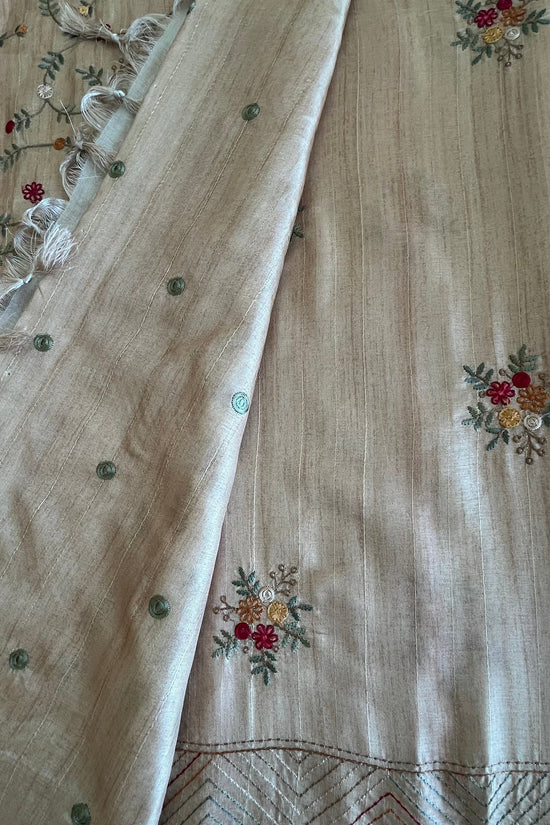 Tussar Saree with Thread Embroidery- Beige