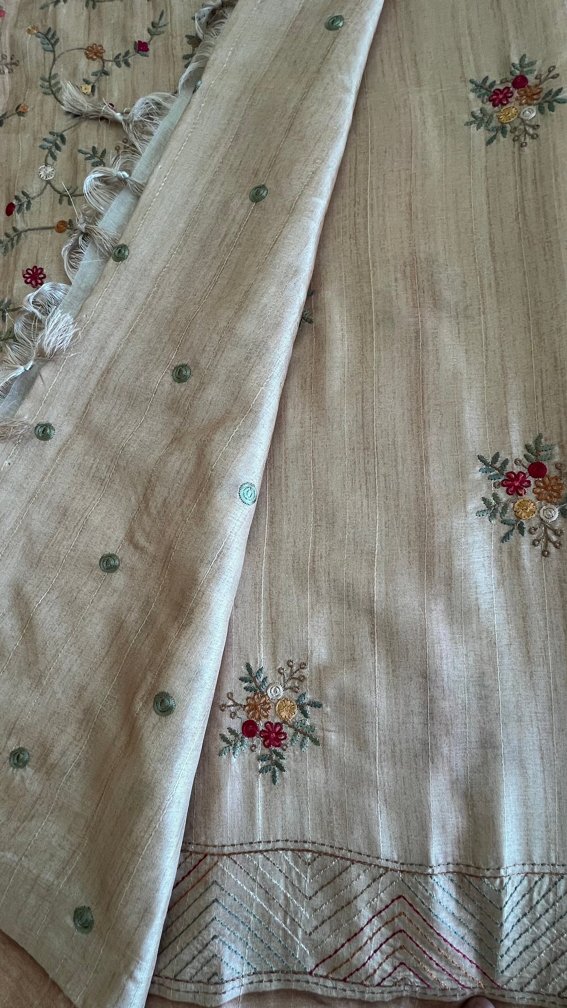 Tussar Saree with Thread Embroidery- Beige