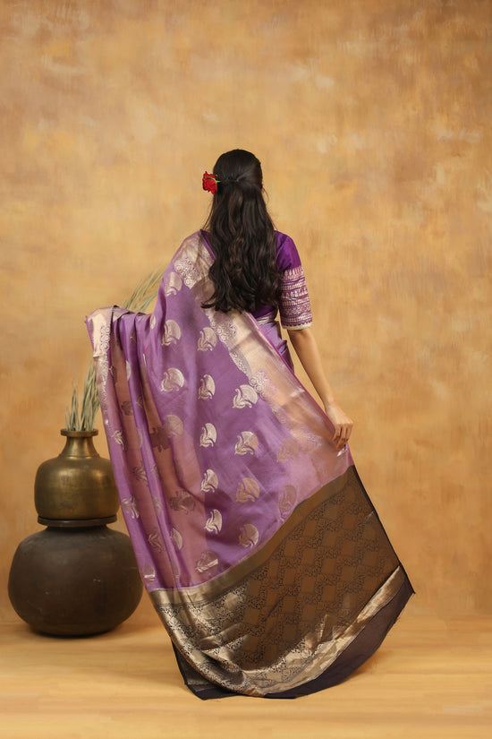 Lavender Purple Pure Tussar Silk Saree with Antique Zari Motifs & Contrast Border