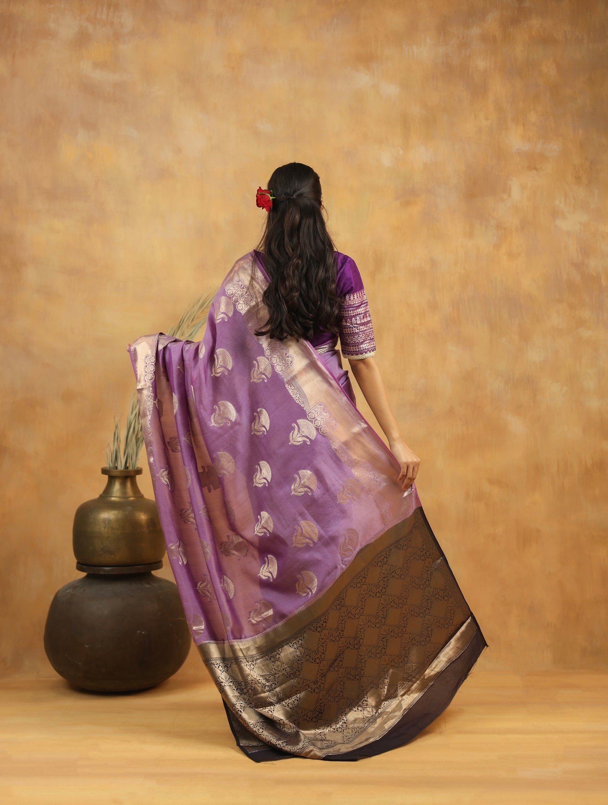 Lavender Purple Pure Tussar Silk Saree with Antique Zari Motifs & Contrast Border