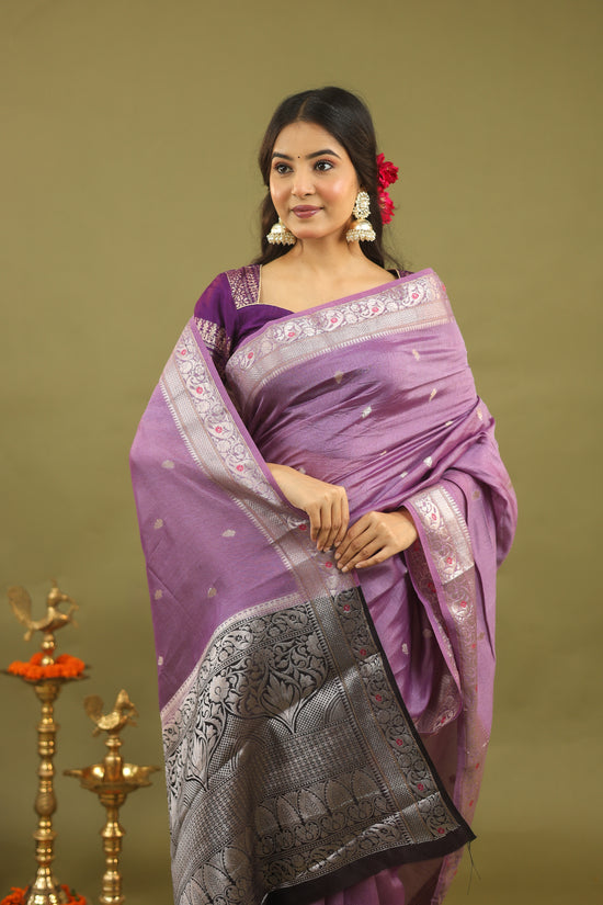 Lavender Pure Tussar Silk Saree with Silver & Black Zari Border