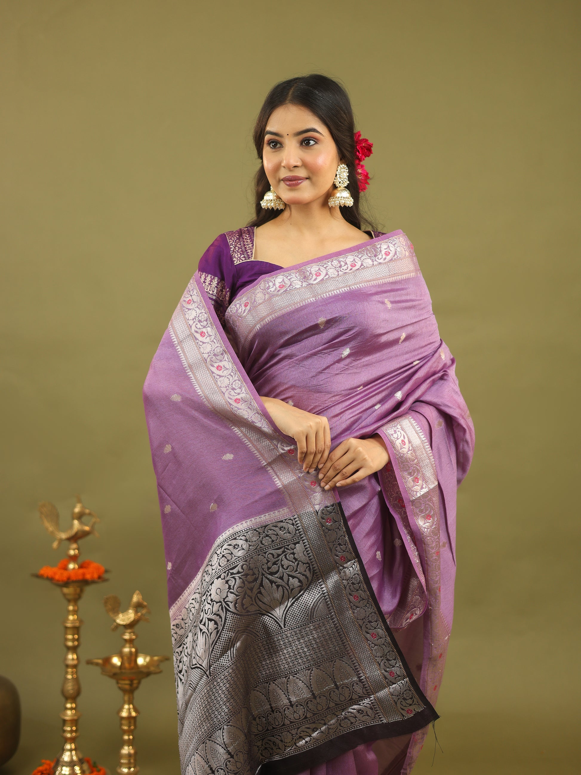 Lavender Pure Tussar Silk Saree with Silver & Black Zari Border
