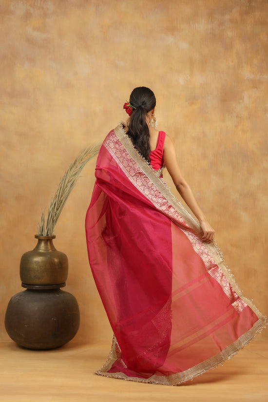 Tissue Silk Saree in Magenta Pink with Gold Zari Border