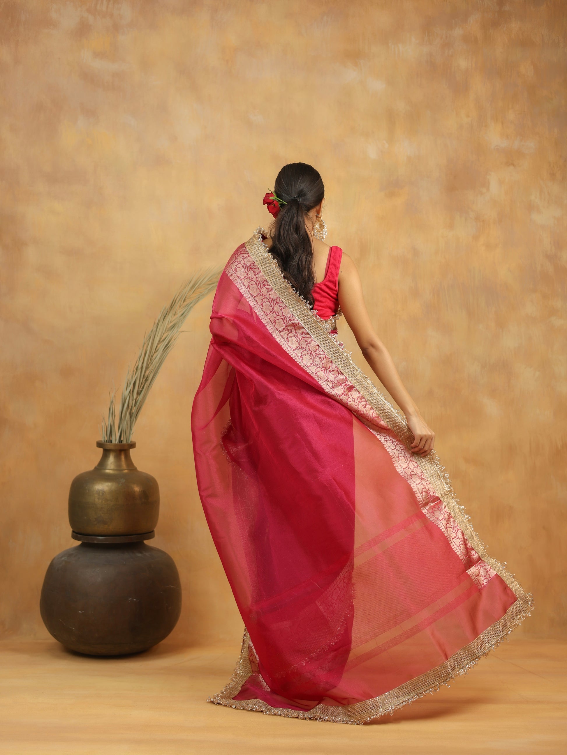Tissue Silk Saree in Magenta Pink with Gold Zari Border