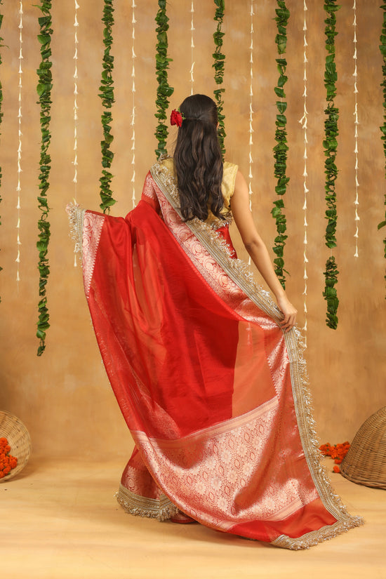 Radiant Red Banarasi Tissue Silk Saree with Intricate Gota Patti Work