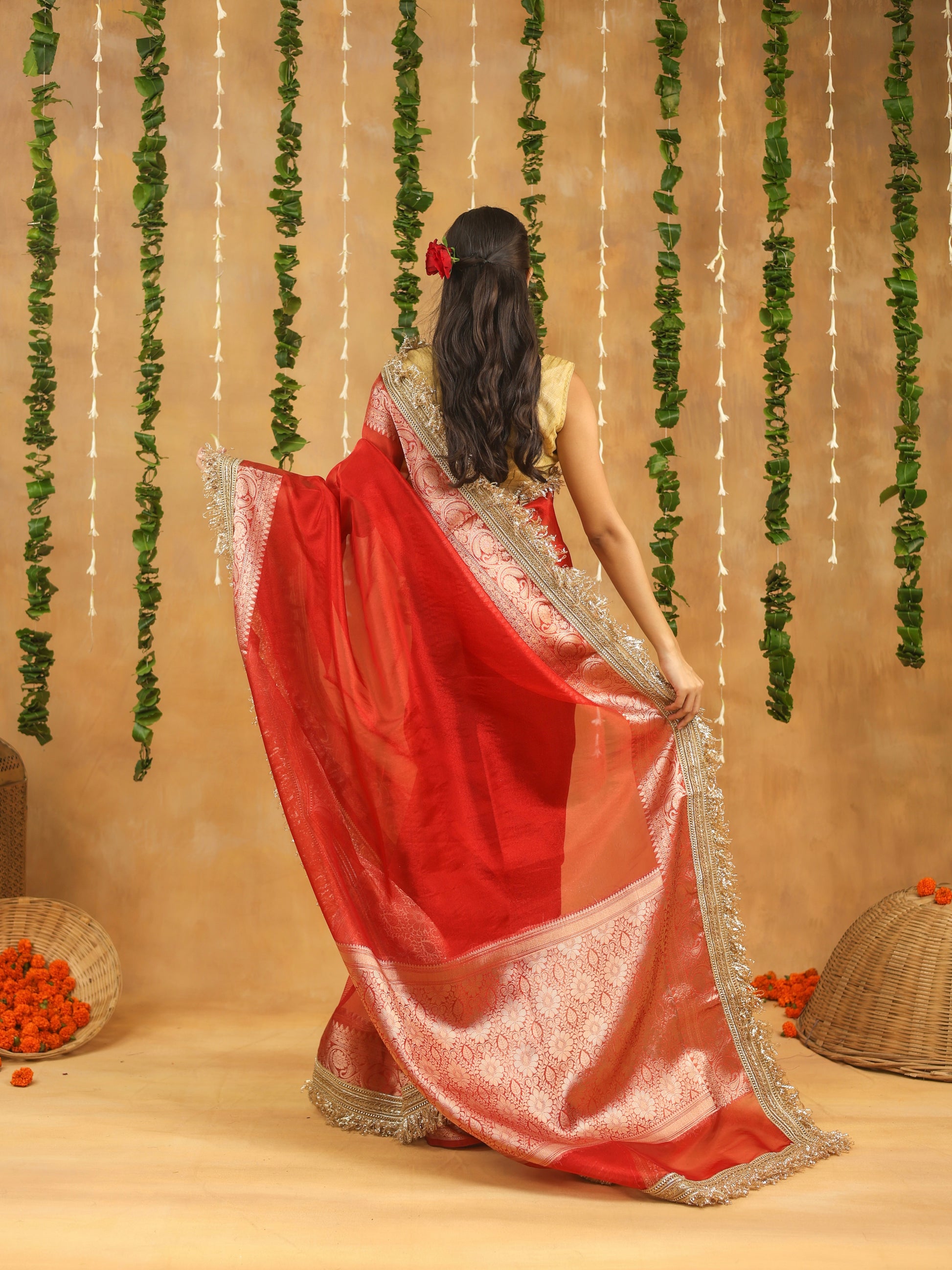 Radiant Red Banarasi Tissue Silk Saree with Intricate Gota Patti Work