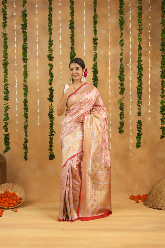 Pink Banarasi Rapier Silk Saree with Floral Zari Work