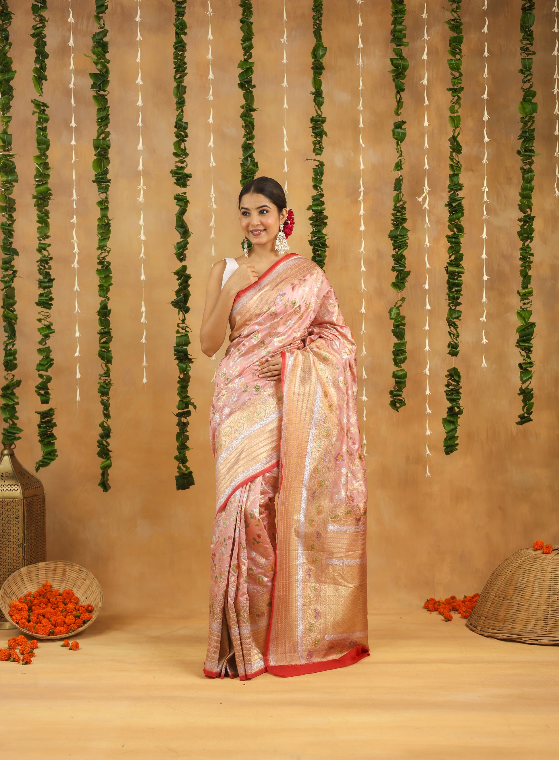Pink Banarasi Rapier Silk Saree with Floral Zari Work