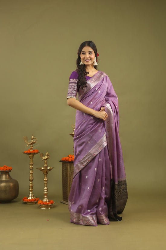 Lavender Pure Tussar Silk Saree with Silver & Black Zari Border
