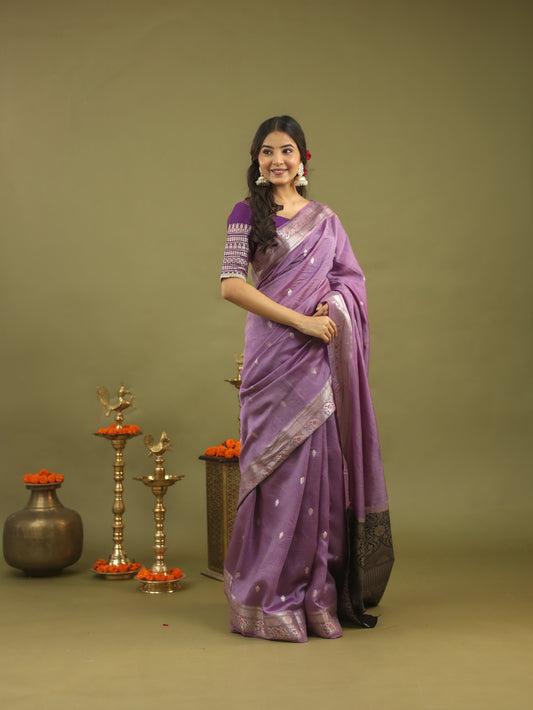 Lavender Pure Tussar Silk Saree with Silver & Black Zari Border