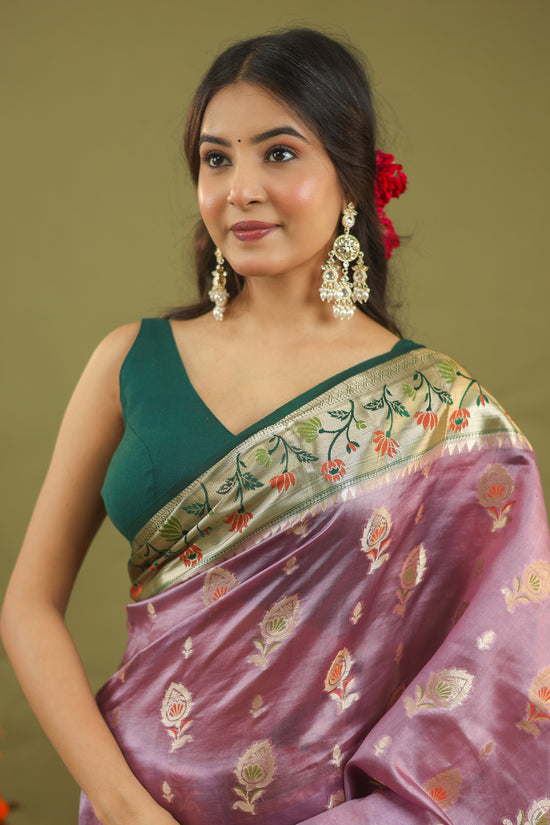 Lavender-Green Banarasi Dupion Silk Saree with Zari & Floral Motifs