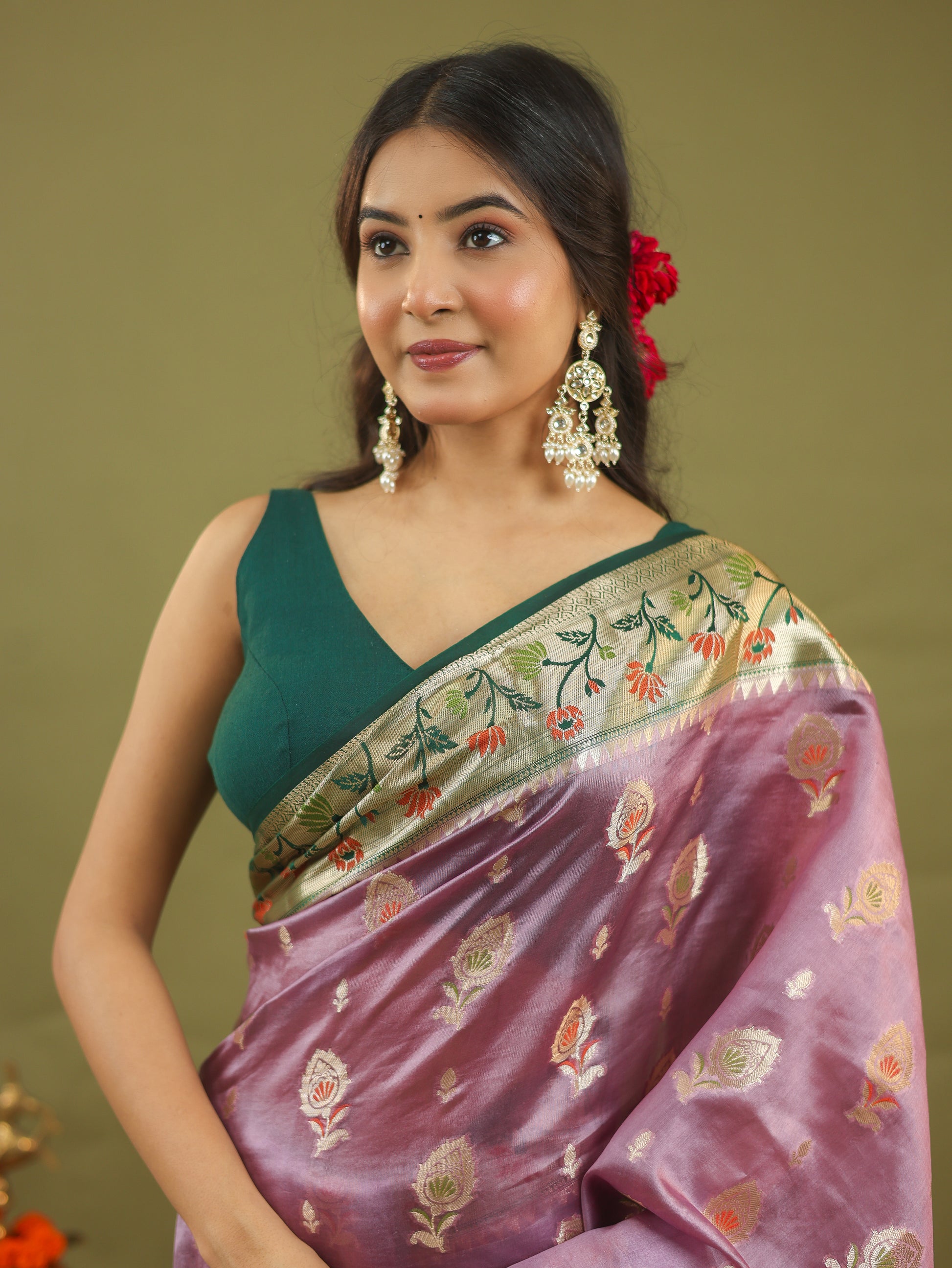 Lavender-Green Banarasi Dupion Silk Saree with Zari & Floral Motifs