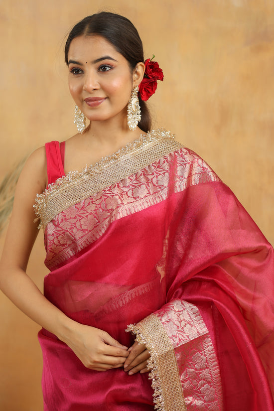 Tissue Silk Saree in Magenta Pink with Gold Zari Border